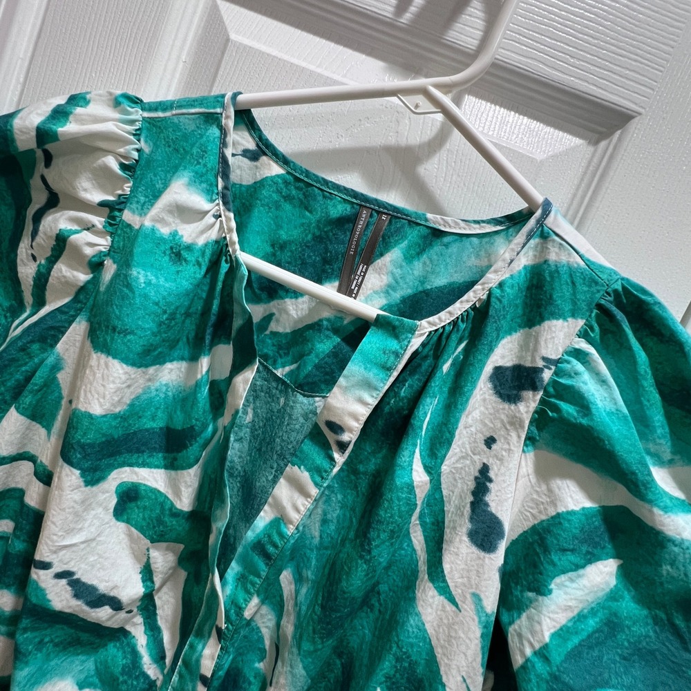Anthropologie Teal White Abstract Swirl Smocked Waist Mini Dress 1X watercolor